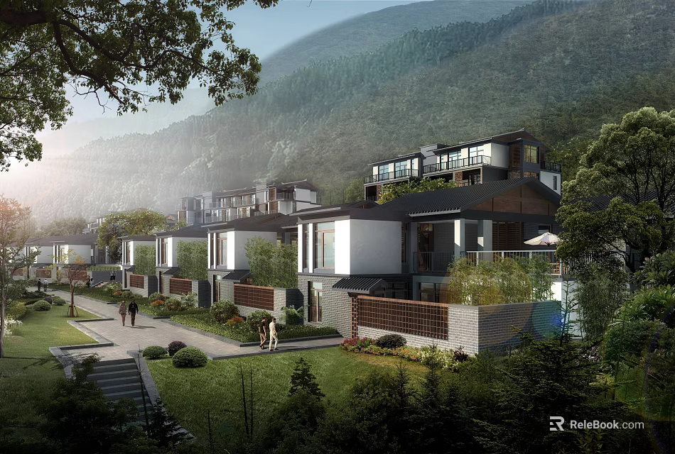 Modern Detached Villa With Mountain View Lush Greenery And Courtyard Walkway 3d model 