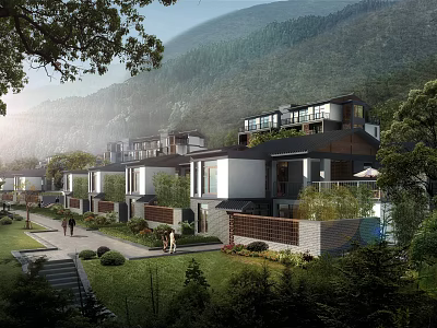 Modern Detached Villa With Mountain View Lush Greenery And Courtyard Walkway 3d model