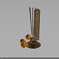 Traditional Decorative Brass Incense Burner With Incense Sticks And Orange Flowers