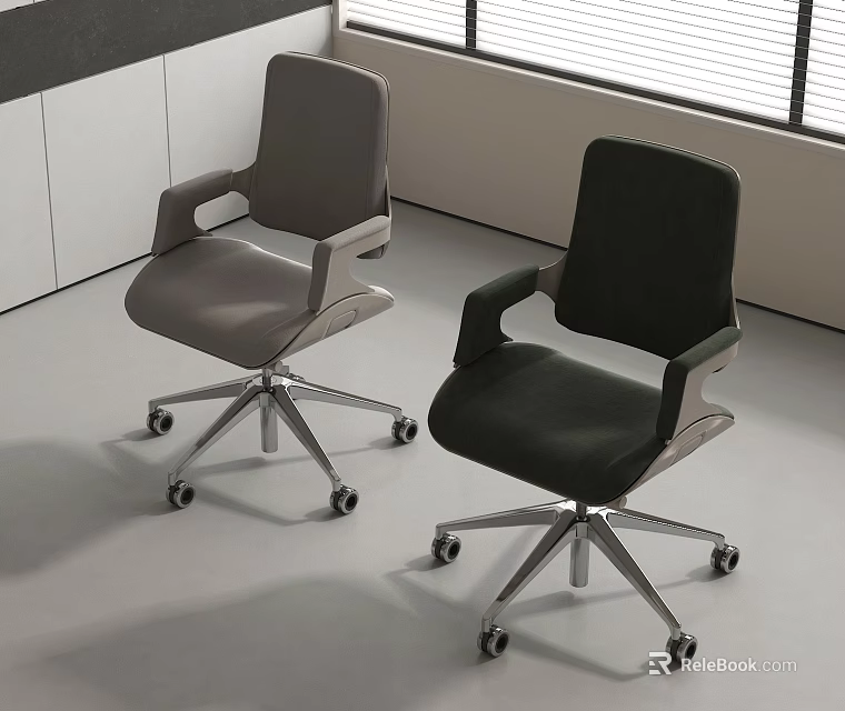 Modern Office Chairs with Armrests Metal Base Rolling Wheels in Gray and Dark Green 3d model 