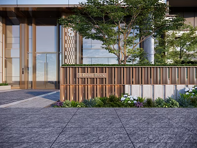 Modern Commercial Storefront Design With Glass Doors Wooden Panels And Green Plants 3d model