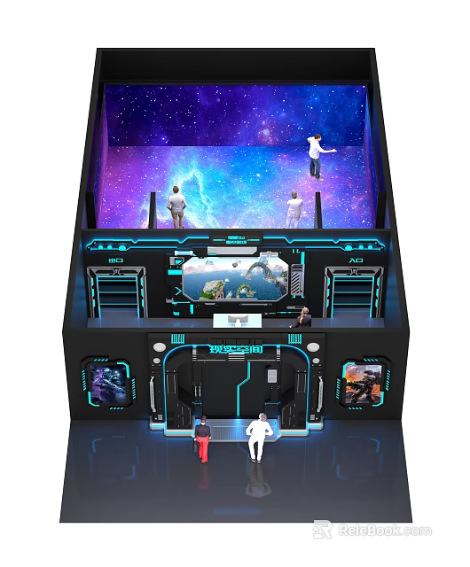 Space Themed Cinema Interior With Starry Sky Background And Interactive Tech Design 3d model 