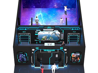 Space Themed Cinema Interior With Starry Sky Background And Interactive Tech Design 3d model