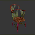 Red Wooden Single Chair With Spindle Back Design And Curved Armrests