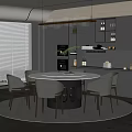 Modern Restaurant Interior With Round Dining Table Gray Chairs Chandelier And Open Kitchen