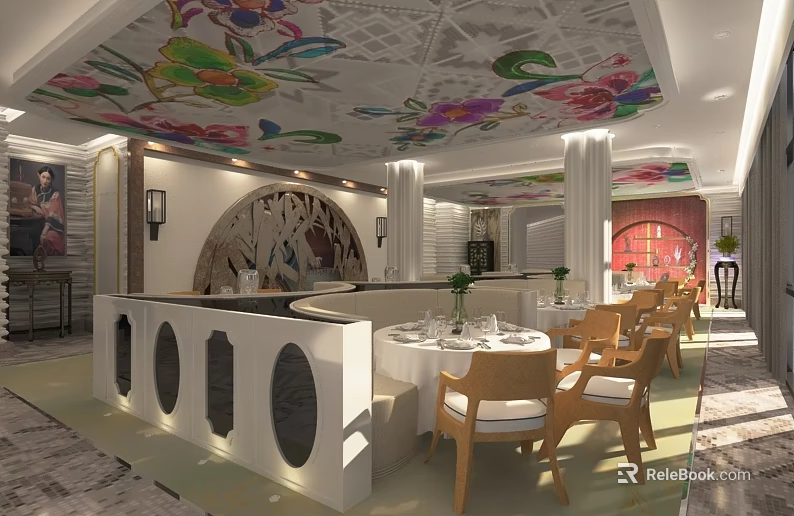 Elegant Restaurant Interior With Colorful Floral Ceiling Arched Wall White Pillars And Dining Tables Chairs 3d model 