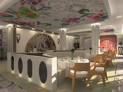 Elegant Restaurant Interior With Colorful Floral Ceiling Arched Wall White Pillars And Dining Tables Chairs 3d model