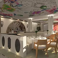Elegant Restaurant Interior With Colorful Floral Ceiling Arched Wall White Pillars And Dining Tables Chairs
