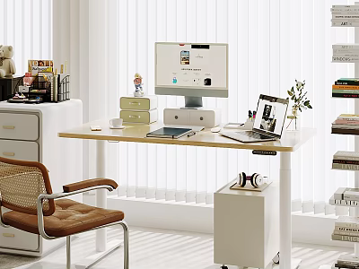 Bright Modern Study Room With Wooden Desk Computer Monitor Bookshelf And Green Plant 3d model