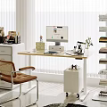 Bright Modern Study Room With Wooden Desk Computer Monitor Bookshelf And Green Plant