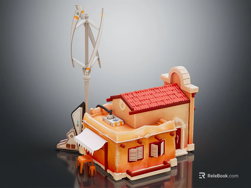 Cartoon Scene Featuring Small House With Red Roof Orange Walls Awning Windmill Table And Chairs 3d model 