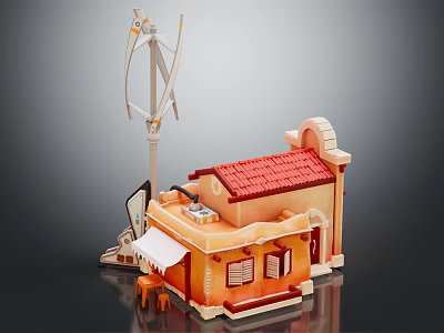 Cartoon Scene Featuring Small House With Red Roof Orange Walls Awning Windmill Table And Chairs 3d model