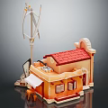 Cartoon Scene Featuring Small House With Red Roof Orange Walls Awning Windmill Table And Chairs