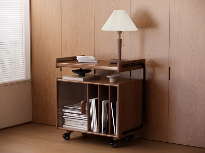 Rolling Wooden Side Table with Table Lamp Books Tray and Lower Shelf in Modern Room 3d model