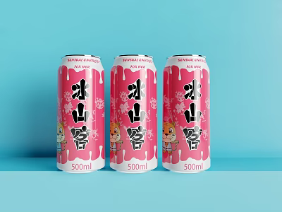 Pink Beverage Cans With Cartoon Characters 500ml Volume On Light Blue Background 3d model
