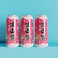 Pink Beverage Cans With Cartoon Characters 500ml Volume On Light Blue Background