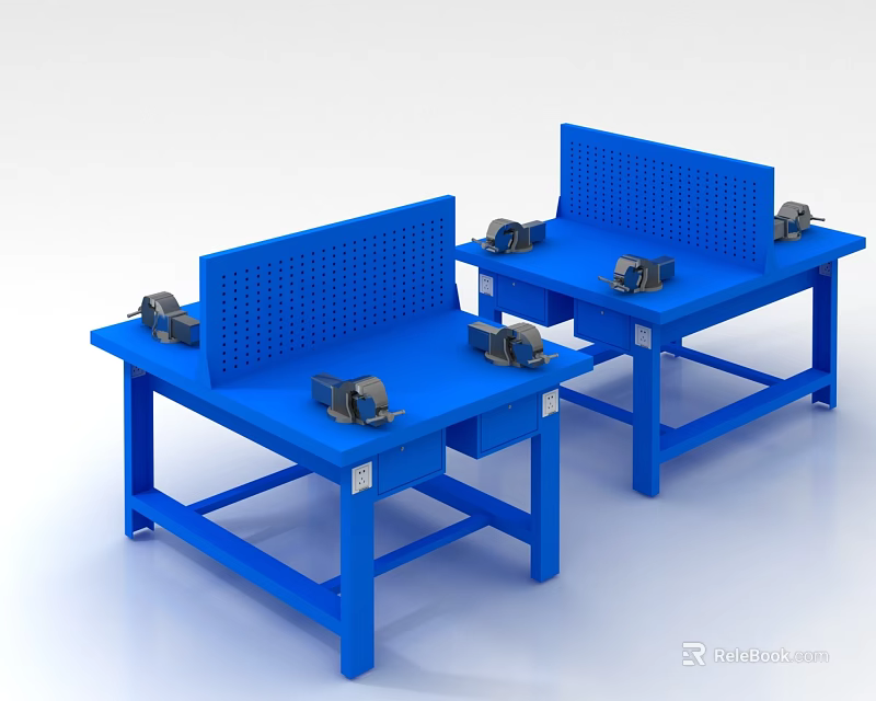 Laboratory Workbenches With Blue Design Vise Tools Drawers And Perforated Panels 3d model