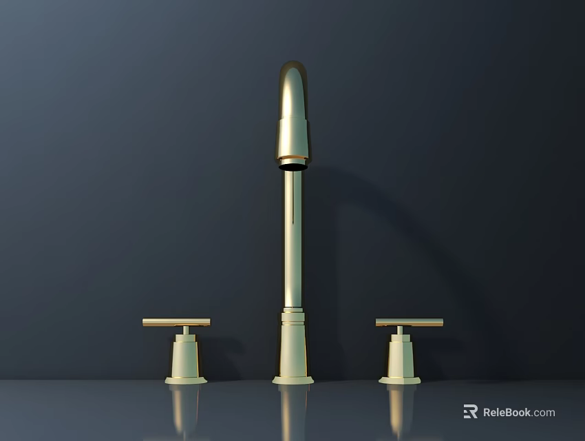 Brass Bathroom Faucet With Double Handles On Sleek Countertop Dark Background 3d model 