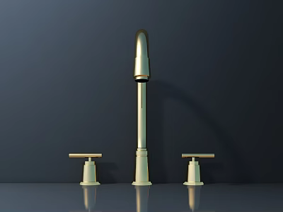 Brass Bathroom Faucet With Double Handles On Sleek Countertop Dark Background 3d model
