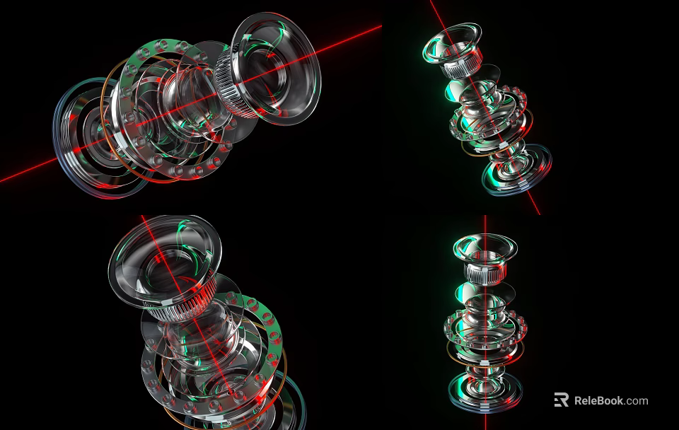 Transparent Mechanical Structures With Red Green Laser Lines And Stacked Components On Black Background 3d model