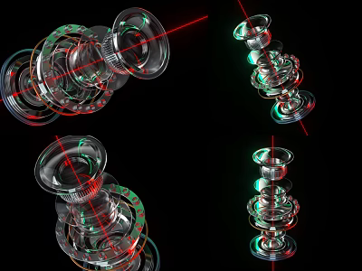 Transparent Mechanical Structures With Red Green Laser Lines And Stacked Components On Black Background 3d model