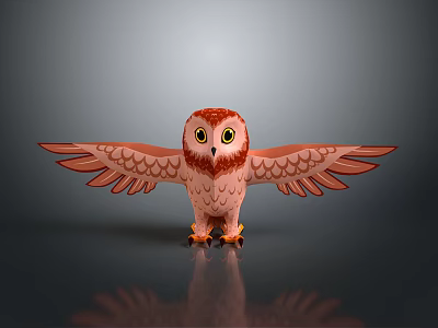 3D Model Owl With Spread Wings Red Head And Yellow Eyes Standing On Black Surface 3d model