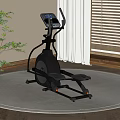 Indoor Elliptical Trainer on Wooden Floor with Round Carpet Plant and Window Blinds