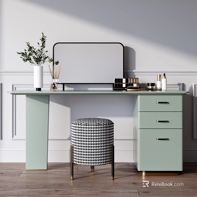 Modern Light Green Dressing Table With Black Framed Mirror Checkered Stool And Cosmetic Bottles 3d model
