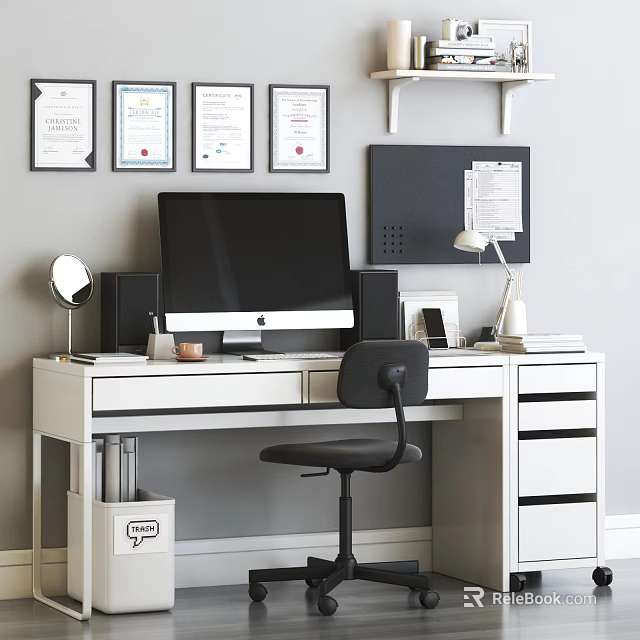 Modern Office Desk Featuring Computer Monitor Certificates Desk Lamp Wall Shelves And Office Chair 3d model 
