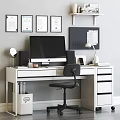 Modern Office Desk Featuring Computer Monitor Certificates Desk Lamp Wall Shelves And Office Chair