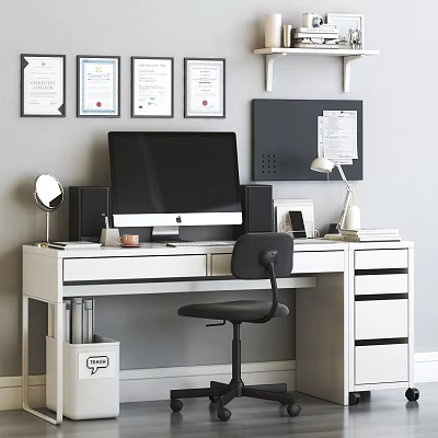 Modern Office Desk Featuring Computer Monitor Certificates Desk Lamp Wall Shelves And Office Chair 3d model