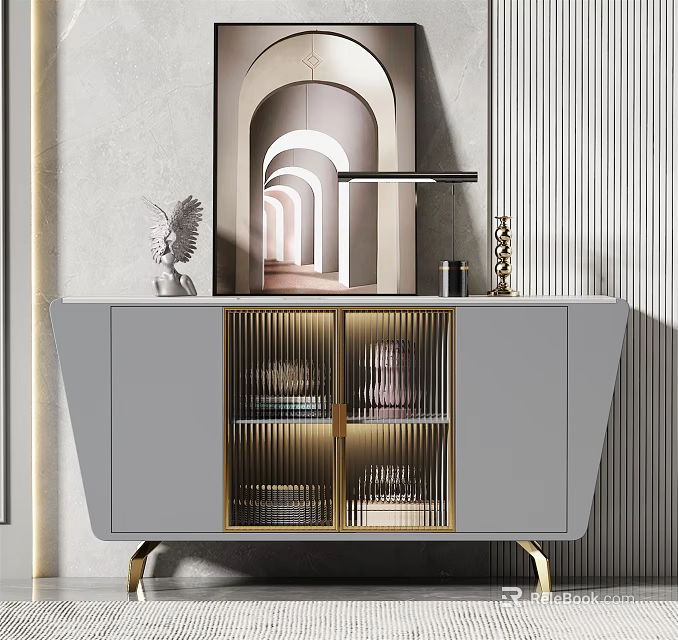 Modern Gray Sideboard With Gold Accents Glass Doors And Top Decorations 3d model 