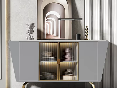 Modern Gray Sideboard With Gold Accents Glass Doors And Top Decorations 3d model
