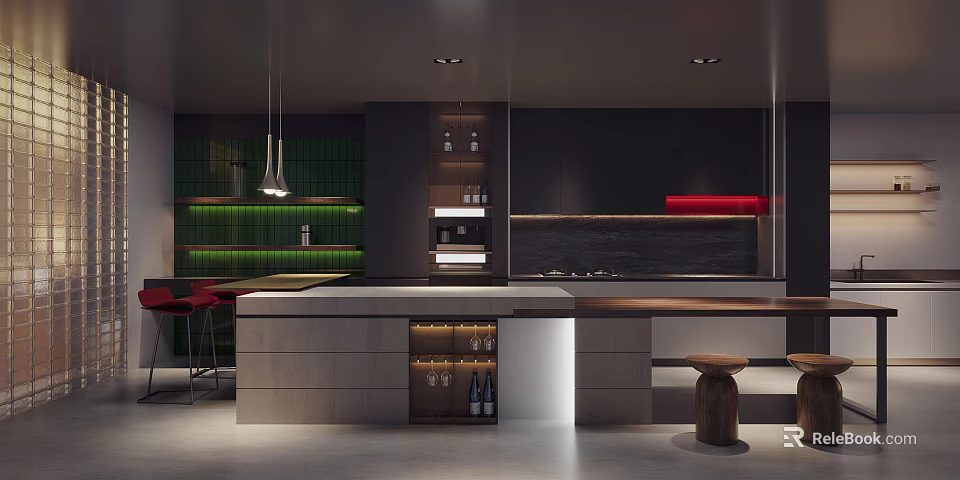 Contemporary Kitchen Interior With Dark Cabinets Green Backsplash Island Wine Storage And Hanging Lights 3d model 