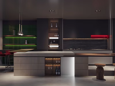 Contemporary Kitchen Interior With Dark Cabinets Green Backsplash Island Wine Storage And Hanging Lights 3d model