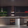 Contemporary Kitchen Interior With Dark Cabinets Green Backsplash Island Wine Storage And Hanging Lights