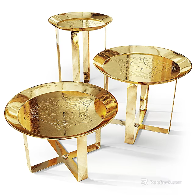 Gold Metallic Coffee Tables With Round Carved Patterns Tops And Geometric Legs 3d model 