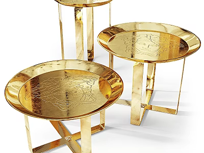 Gold Metallic Coffee Tables With Round Carved Patterns Tops And Geometric Legs 3d model
