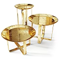 Gold Metallic Coffee Tables With Round Carved Patterns Tops And Geometric Legs