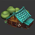 Charming Small Building With Blue Tiled Roof Wooden Walls Green Trees And Lifesaver Decoration