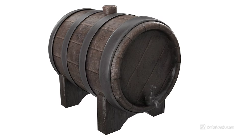 Rustic Wooden Barrel With Metal Hoops Tap And Stand Structure 3d model 