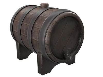 Rustic Wooden Barrel With Metal Hoops Tap And Stand Structure 3d model