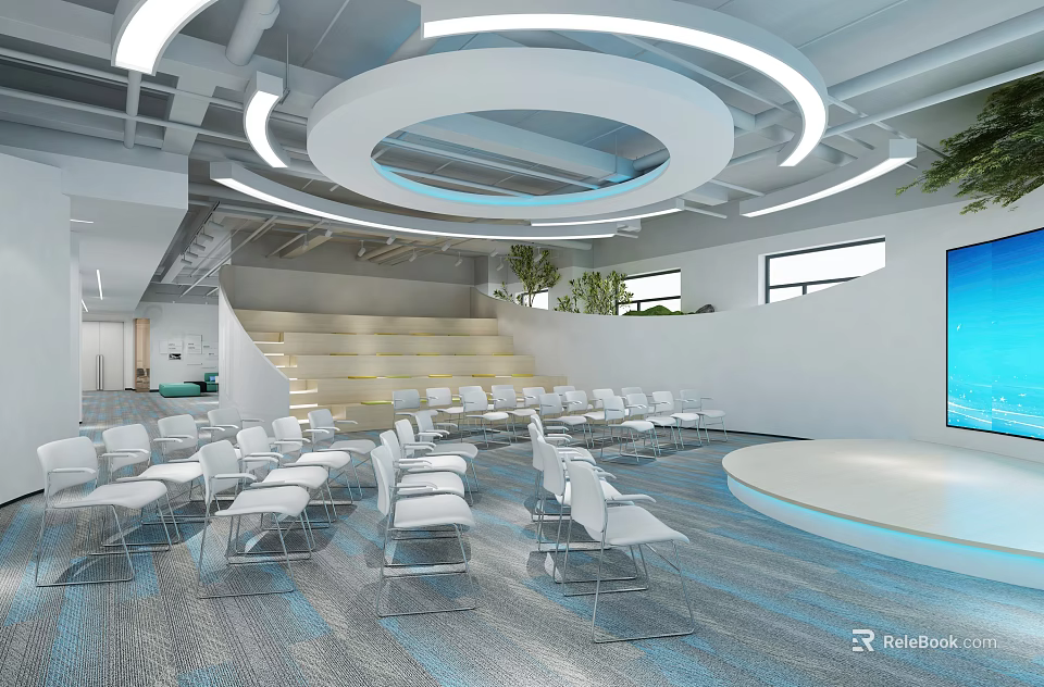 Modern Conference Room With Circular Pendant Lights Tiered Seating White Chairs And Blue Carpet 3d model 