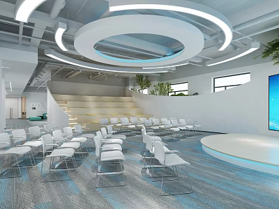 Modern Conference Room With Circular Pendant Lights Tiered Seating White Chairs And Blue Carpet 3d model