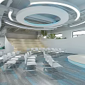 Modern Conference Room With Circular Pendant Lights Tiered Seating White Chairs And Blue Carpet