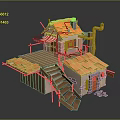 Miniature House 3D Model With Orange Roof Wooden Stairs Striped Awning And Chimney