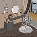 Elegant Modern Dressing Table With Golden Legs Mirror And Grey Chair