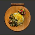 Fragrant Yellow Rice with Curry Chicken Green Sauce Red Peppers and Lemon on Wooden Platter