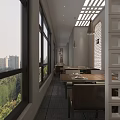 Chinese Style Tea Room Interior With Qingshan Calligraphy Wooden Tables And Green Plants