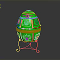 Ornate Green Decorative Egg With Gold Accents Red Patterns On Gold Stand